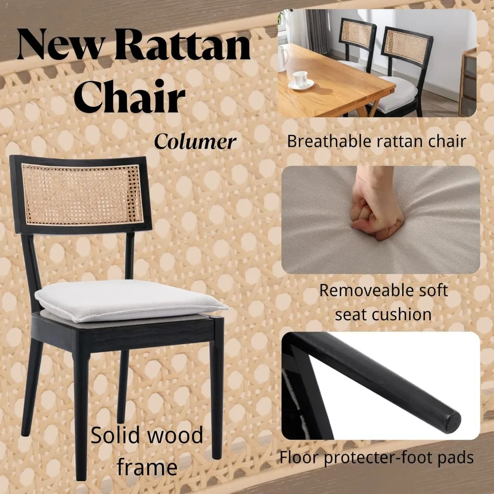 Rattan Dining Chairs ,Mid Century Modern Black Wooden Cane Back Chairs with Removable Linen Cushion ,Retro Farmhouse Upholstered