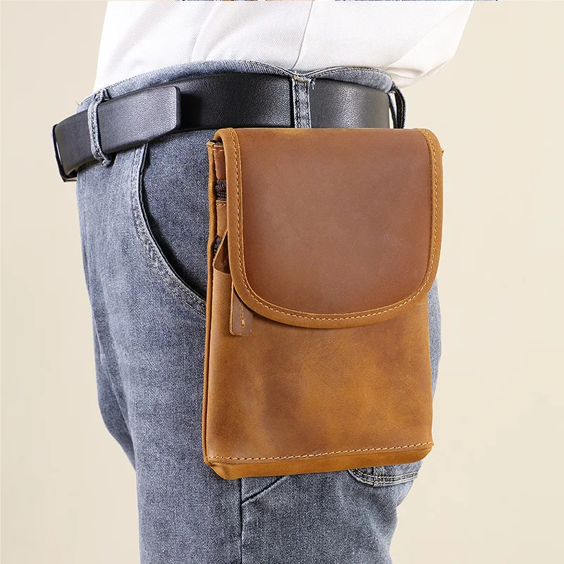 Men's Phone Waist Bag Genuine Crazy Horse Leather Male Fanny Packs For Men Shoulder Crossbody Bag Belt Bum Bag Travel Handbag