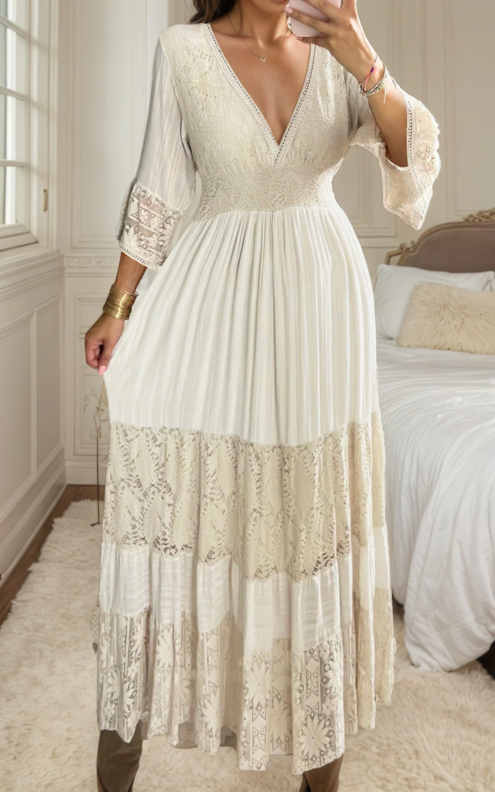 

Sweet Long Dress for Women V-Neck Flare Sleeve Elegant Vintage Casual Ethnic Fashion Summer Pleated A-Line Dresses Vestidos 2025