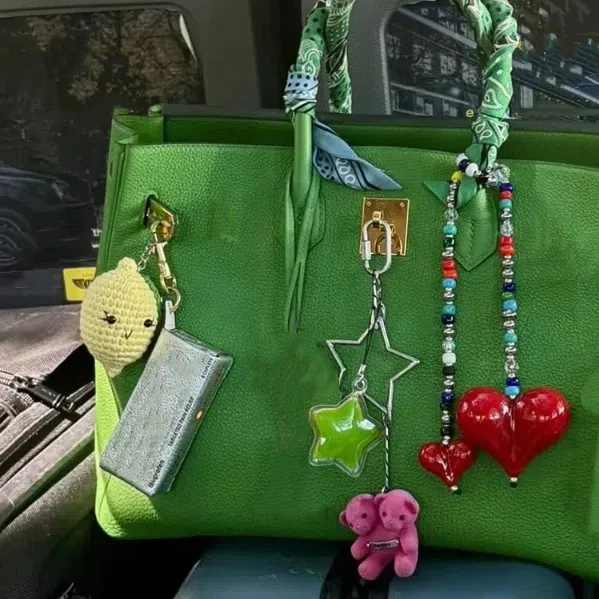 

Y2K Big Size Heart Keychain Glass Rice Beads Crystal Beads Double Love Bag Pendant Yellow Duck Alloy Charm Beads Keyring