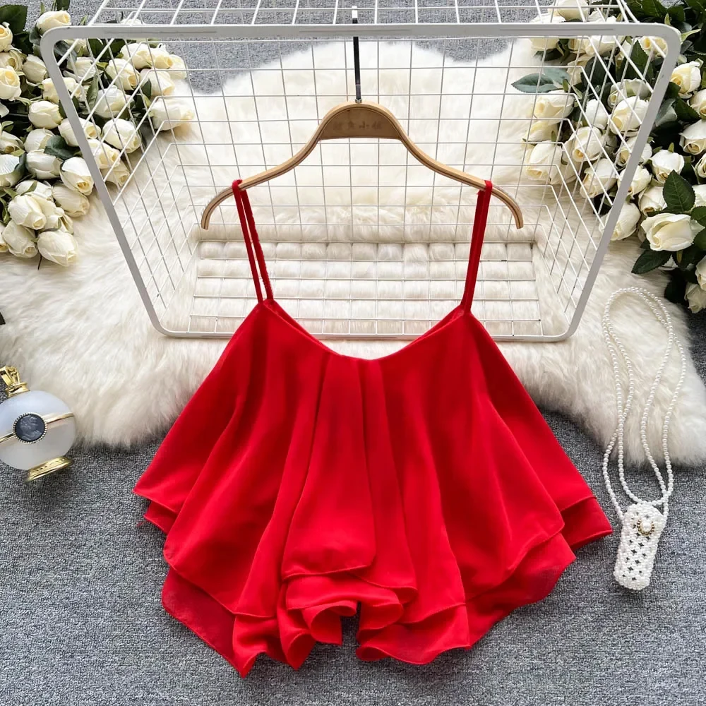 New Summer Spaghetti Straps Ruffle Sleeveless Tanks and Camis Korean Corset Crop Tops Solid Tank Camisoles Women Clothes Y2k