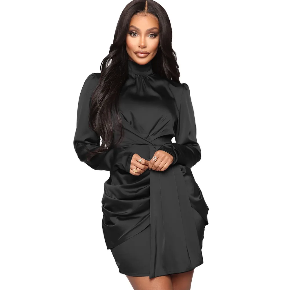 

Summer women's clothing sexy long-sleeved turtleneck women's dress satin short skirt slim and thin temperament streetwear new