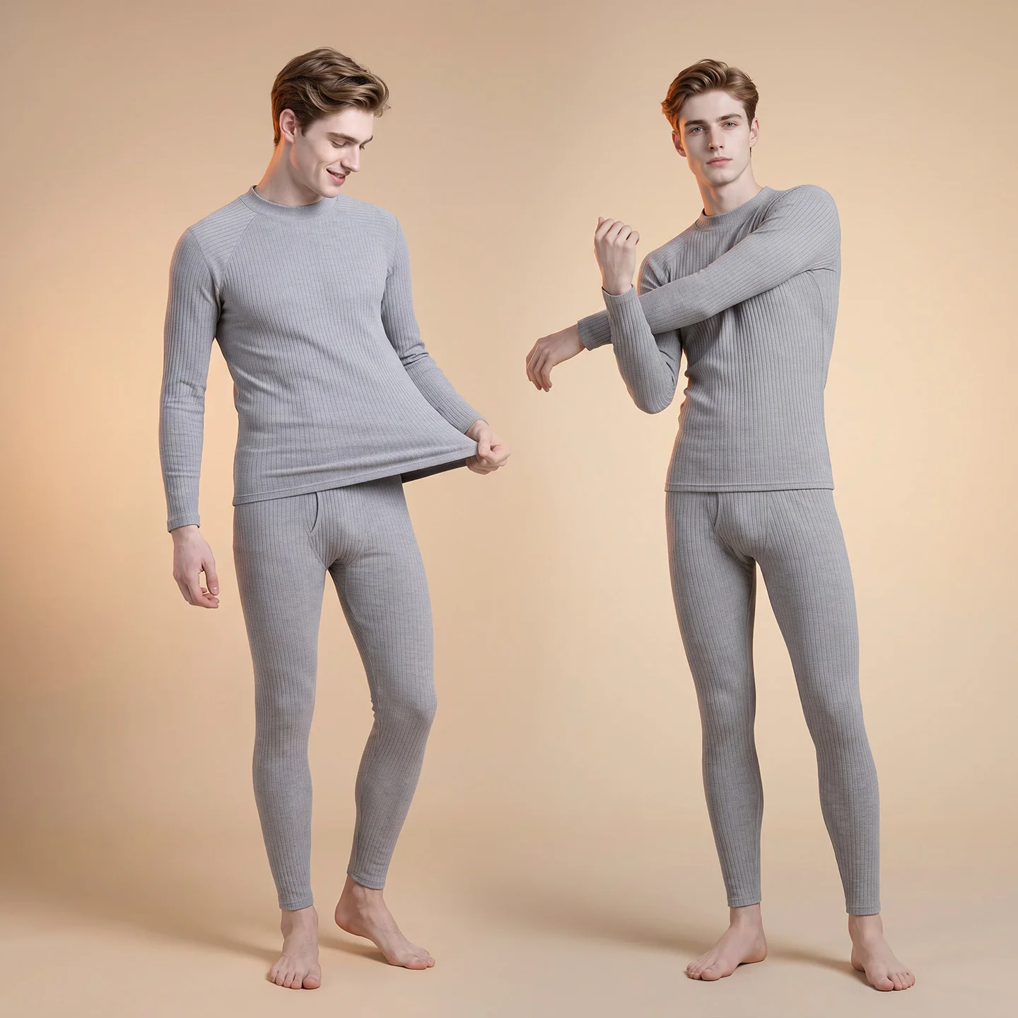 New Design Thermal Underwear Base Layer Set Lightweight Autumn Winter Middle Collor Stripe Stretch Top And Bottom Home Sleep Wea