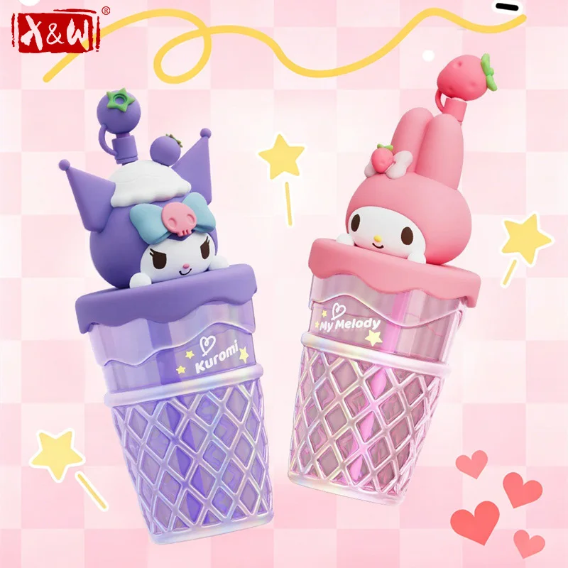 X&W Sanrio Glass Cup Cartoon My Melody Ice Cream Cone Shaped Water Cups Summer Cold Drink Bottle with Straw＆Doll Lid Girls Gifts