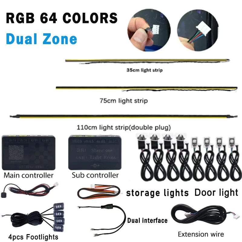 

Dual Zone 18/22 in 1 Ambient Light Parts 64 Colors 35CM 75CM 110CM Light Strip Main/Sub Controller Extension Line Speaker