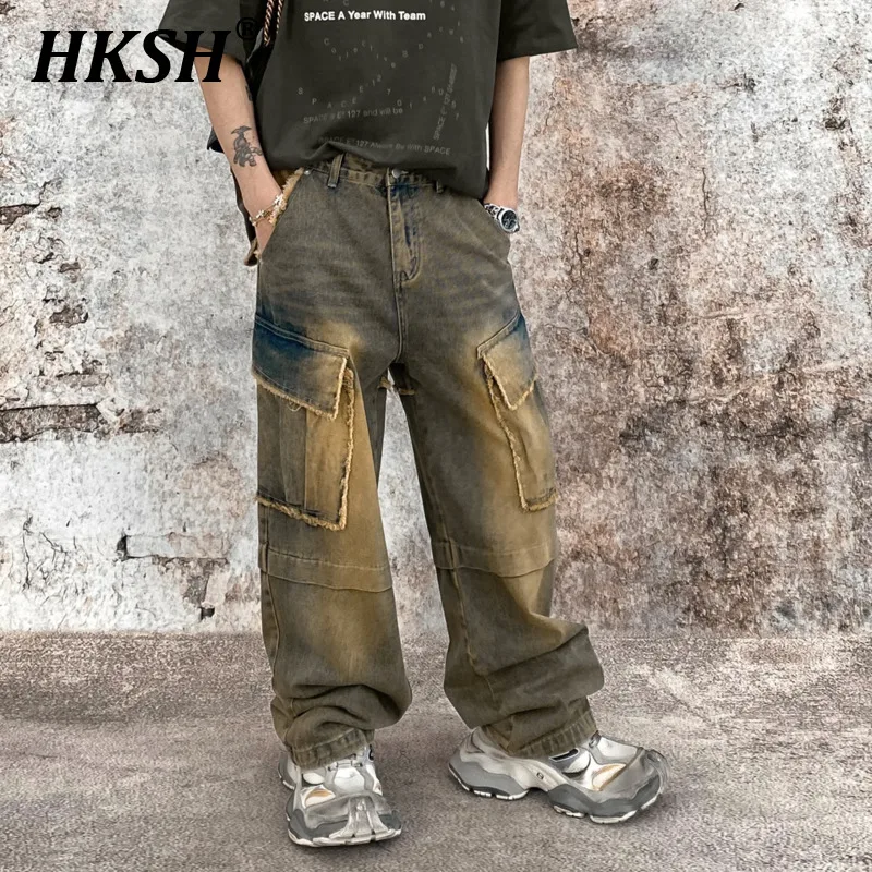 

HKSH Men's Tide Large Pocket Design Denim Pants Loose Fitting Casual American Vintage Distressed Mud Dyed Wide Leg Jeans HK0510
