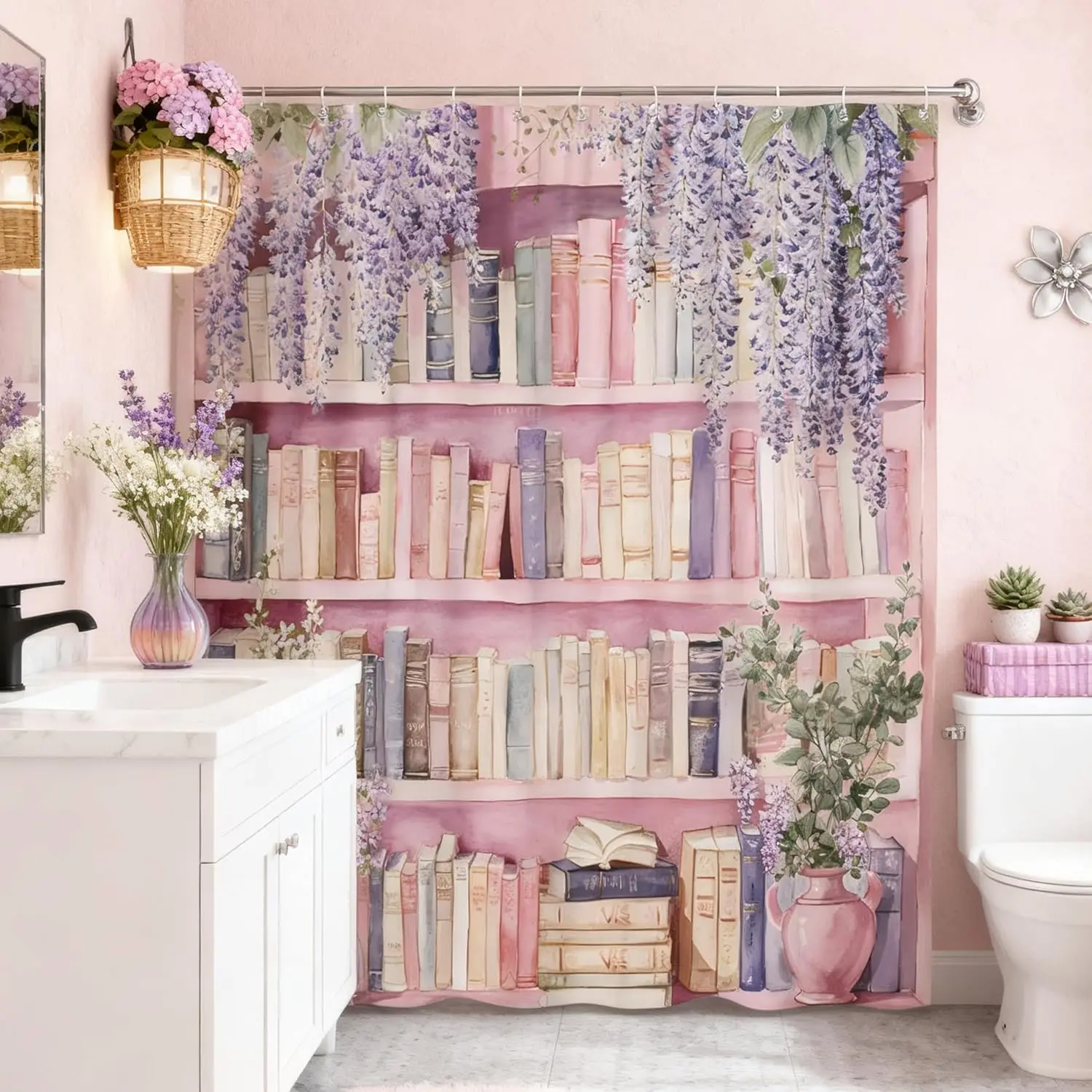 Bookshelf Shower Curtain Vintage Pink Bookshelf and Purple Floral Magic Fairytale Wonderland Library Learning Education Classics