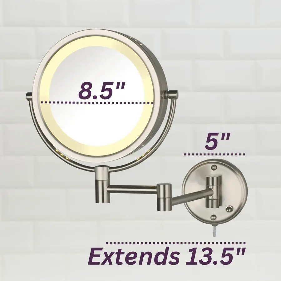 Miroir de maquillage mural avec éclairage LED, miroir de maquillage éclairé avec ampli de grossissement 8X, finition nickel, modèle de montage mural HL75N