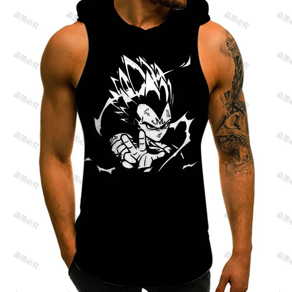 Dragon Ball Z Bodybuilding Man Vest With Hood Anime 2022 Gym Tank Top Men Goku New Vegeta High Street Trend Sleeveless Vests