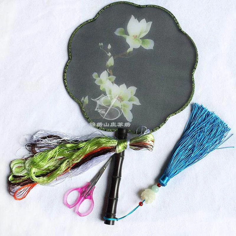 

Chinese Style Double Sided Embroidery Fan Kit Bamboo Frame for DIY Craft - Beginner's Flower Sewing Set