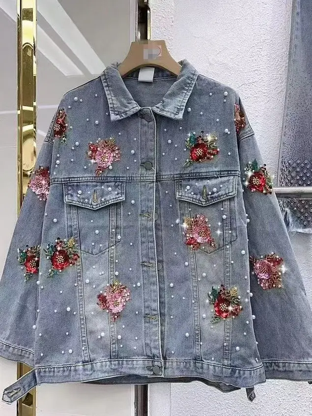 Women's 2025 Spring Autumn New Embroidered Flower Denim Jackets Trendy Loose Versatile Casual Tops Female Beading Denim Coats