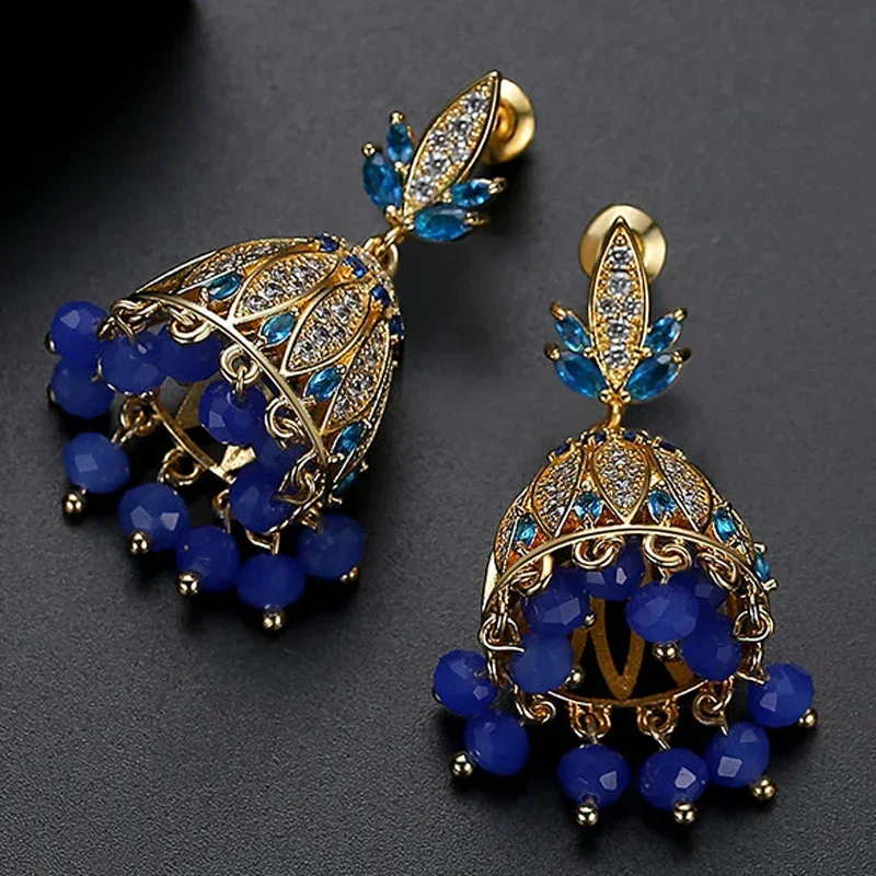 البوهيمي الهندي المرأة كريستال جرس الخرز الزركون قطرة استرخى القرط الزفاف Jhumka العرقية الغجر القبلية أقراط مجوهرات بوليوود #1