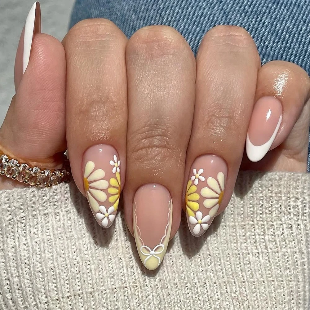 Roze Paarse Bloemen Witte Strik Franse Nail Art Zomermode Amandel Valse Nagel Afneembare Afgewerkte Nepnagels Druk op nagels