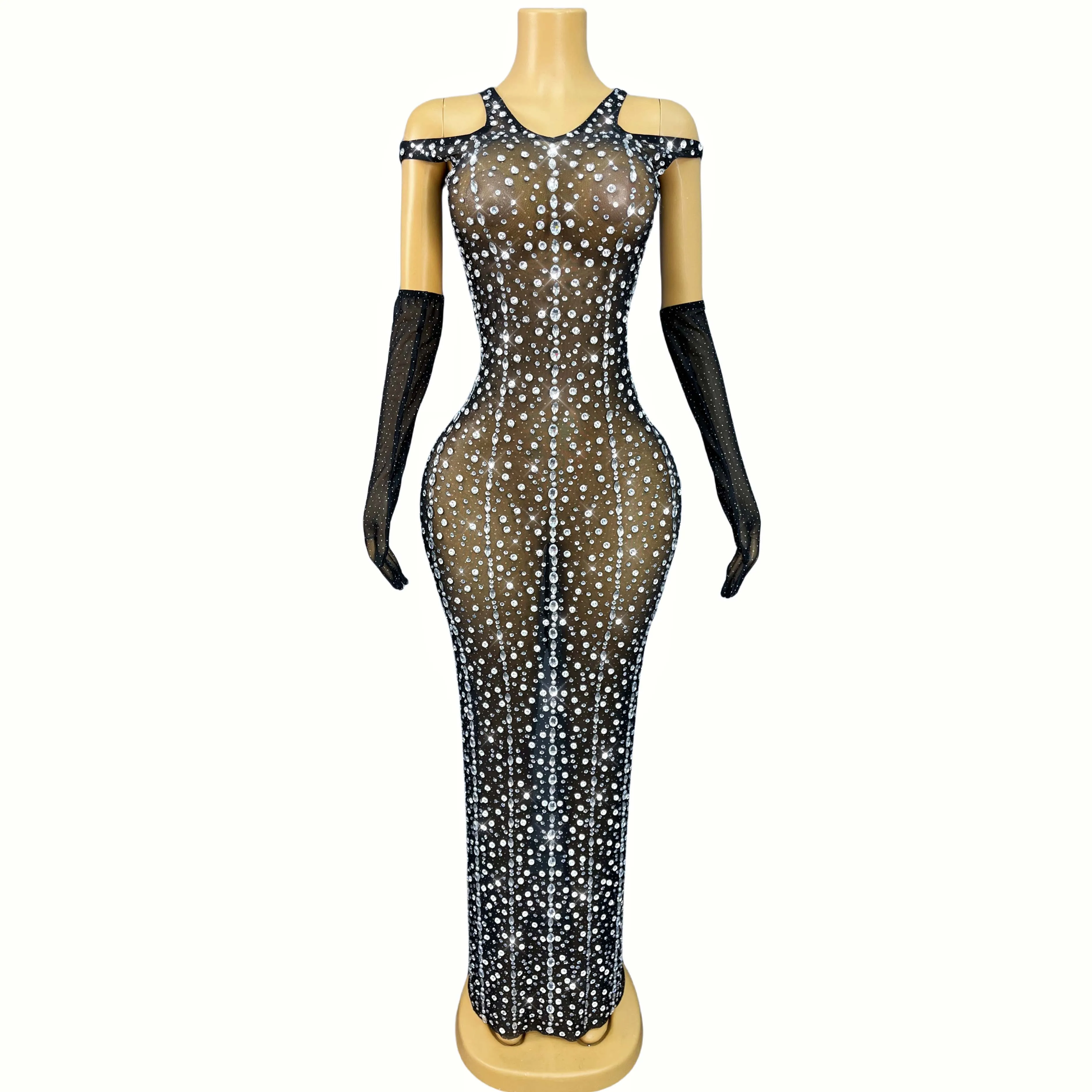 

Сексуальное прозрачное сетчатое платье с мигающими стразами, элегантные перчатки, наряд, вечерний костюм для празднования, одежда для показа мод Heidong