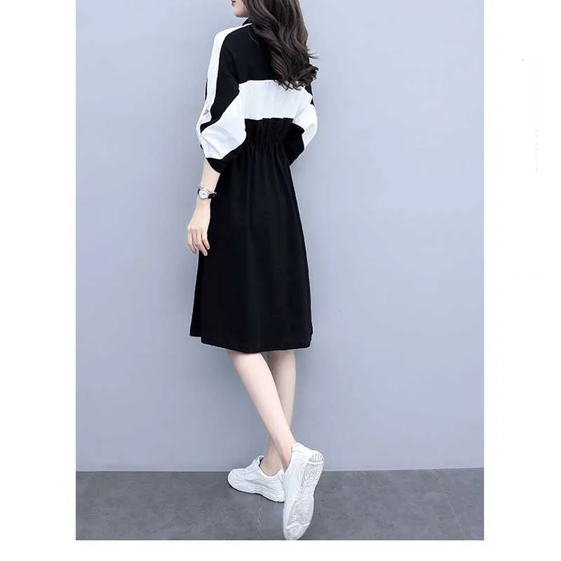 Fashion Stand Collar Zipper Shirring Lace Up Bow Casual Dresses Female Clothing 2024 Spring Summer New Loose Korean Midi Dress