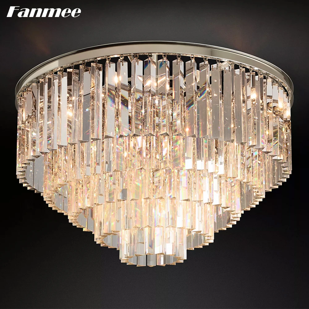 Ceiling Chandeliers Modern for Living Room Prism Clear Crystal Odeon Round Flushmount Luxury Indoor Ceiling Lights for Bedroom