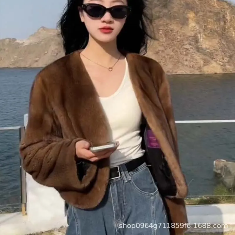 Minimalist Elegant V-Neck Mink Velvet Faux Fur Short Women's Fashion Warm Eco Fur Coat