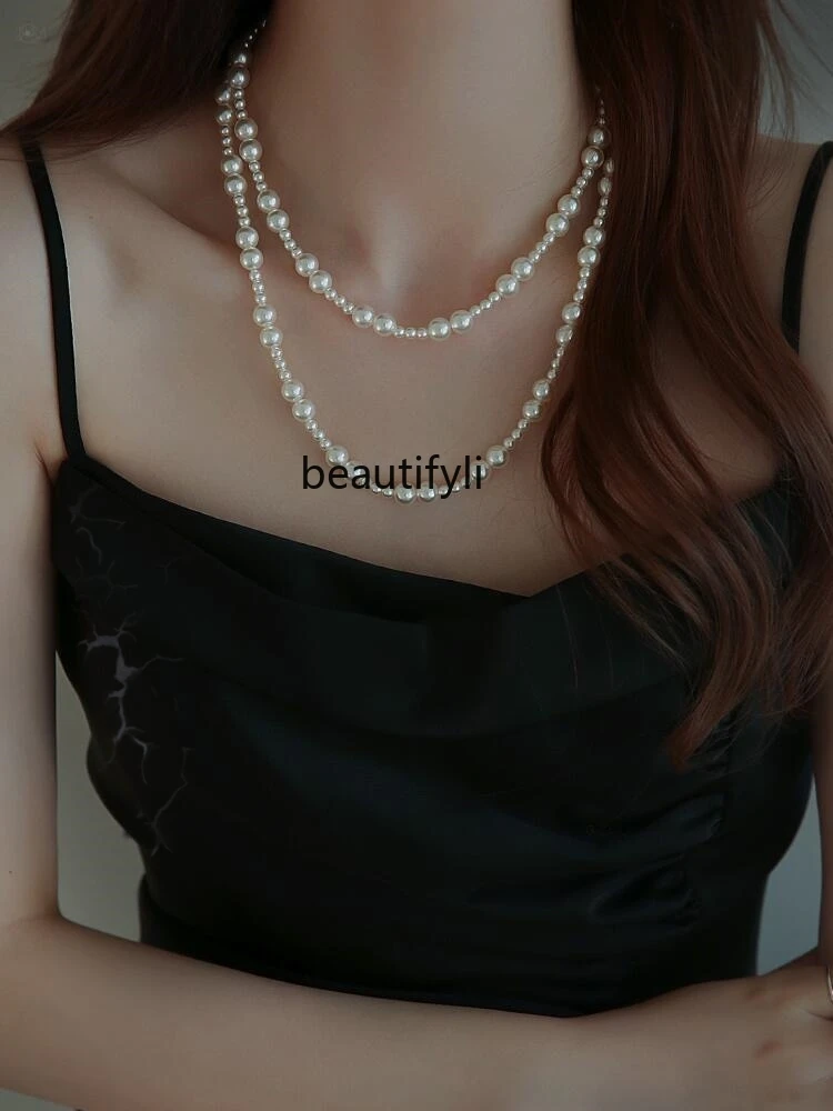 Long size string strong light pearl necklace women's premium French retro niche autumn and winter collarbone chain