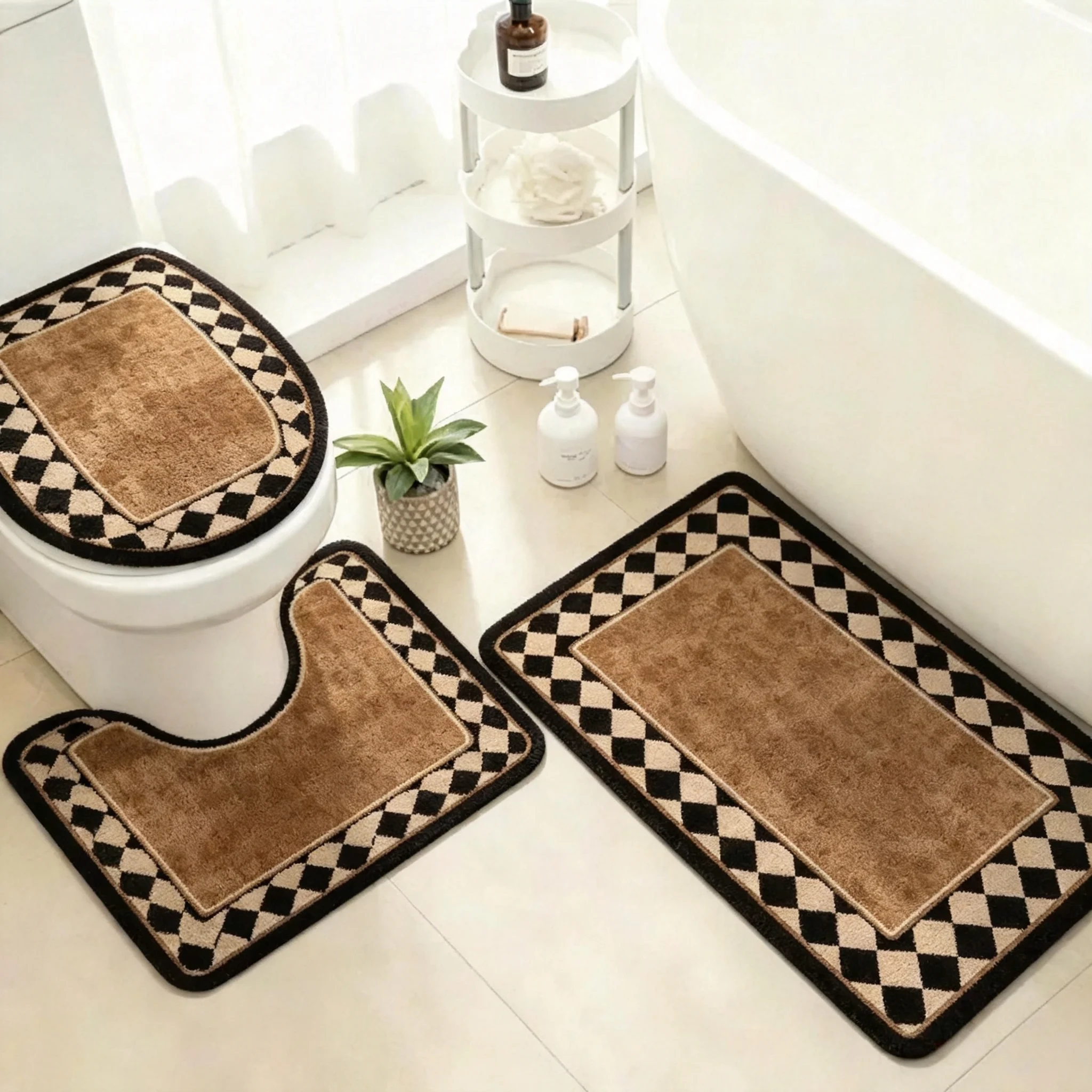 Retro Diamond Lattice Bathroom Mat Set, Non-Slip Water Absorbing Bath Rug, Toilet Seat Cover and U Contour Mat