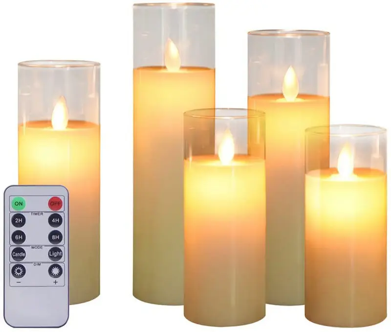 

Remote controlled w/Timer Flickering Flame Pillar Candle Paraffin Wax Electric LED Glass Candle Set Home party table Decor-Amber