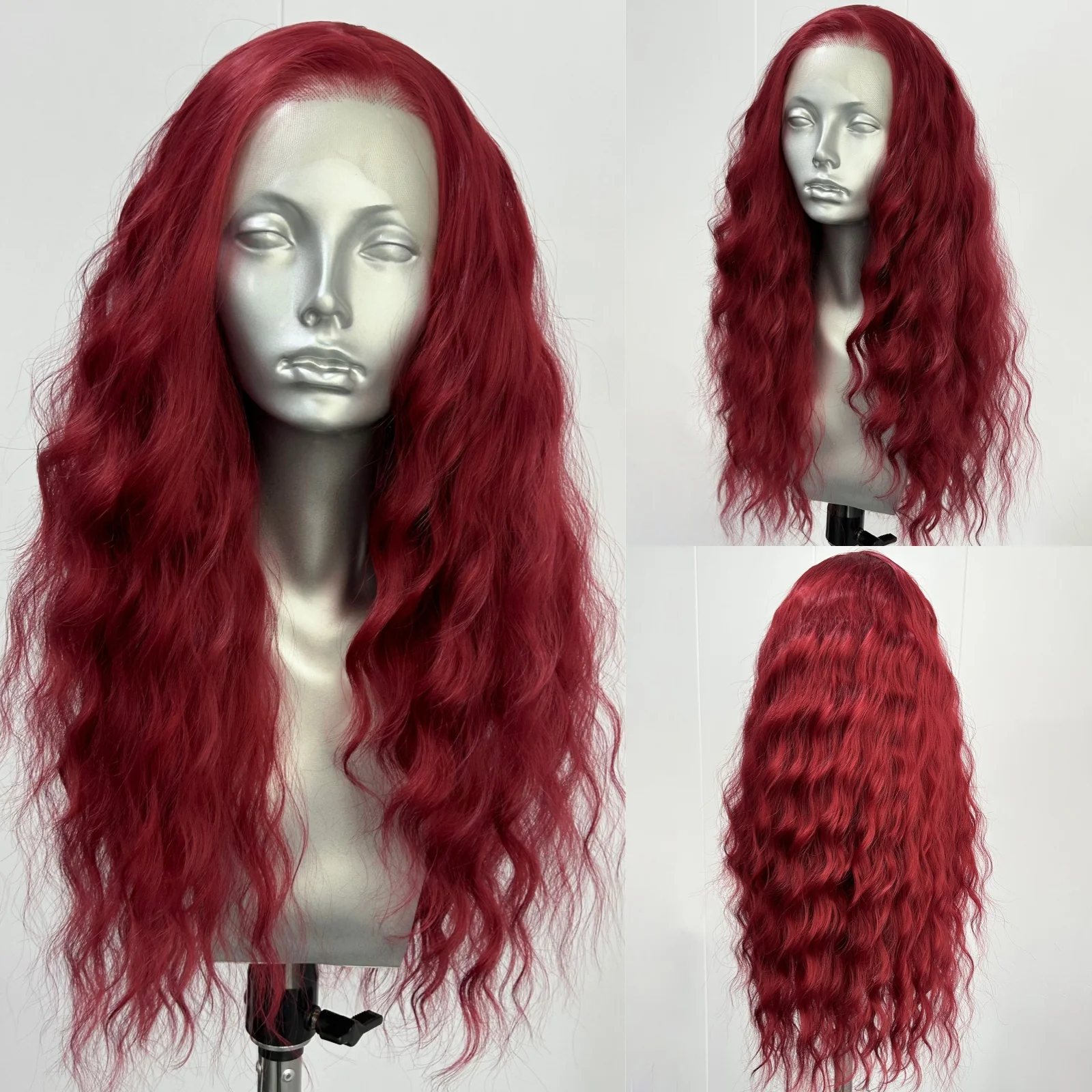 

Long Curly Wavy Dark Red Synthetic Lace Front Wigs for Women Burgundy Loose Curly Glueless 13X4 Heat Resistant Fiber Daily Party