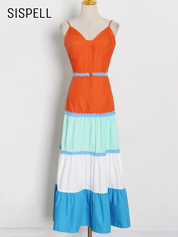 

SISPELL Stripe Dress For Women Colorblock V Neck Sleeveless High Waist Camisole Sexy Dresses Female 2022 Summer Clothing New