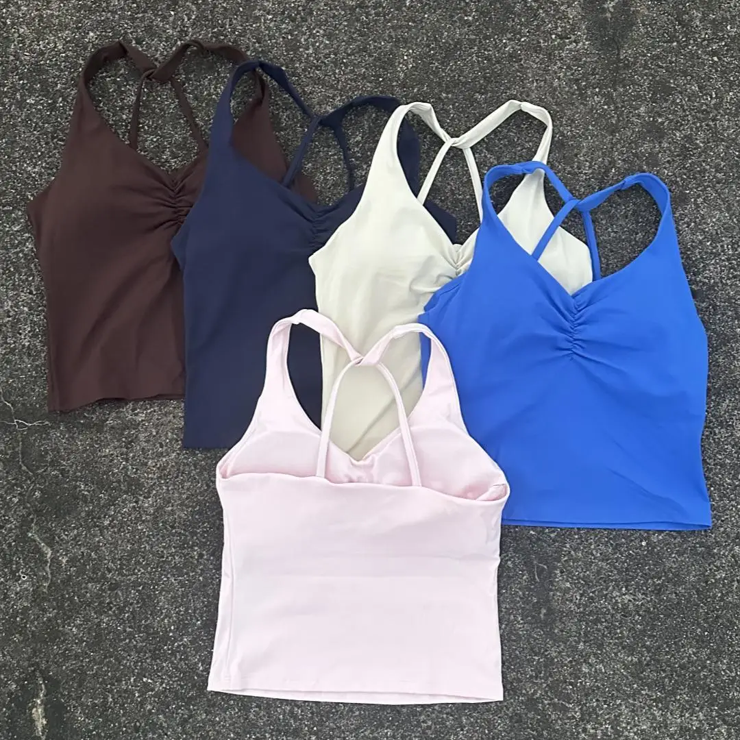 Solid Color Cross Back Strap Women Fitness Sports Bra Tank Top Gym Yoga Underwear Athletic Tight Workout Jog Soft With Chest Pad