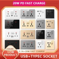 Universal 20W Type-C Wall Quick charge Socket,Dual Switch control Universal Power outlet,White UK Standard USB Interface Socket