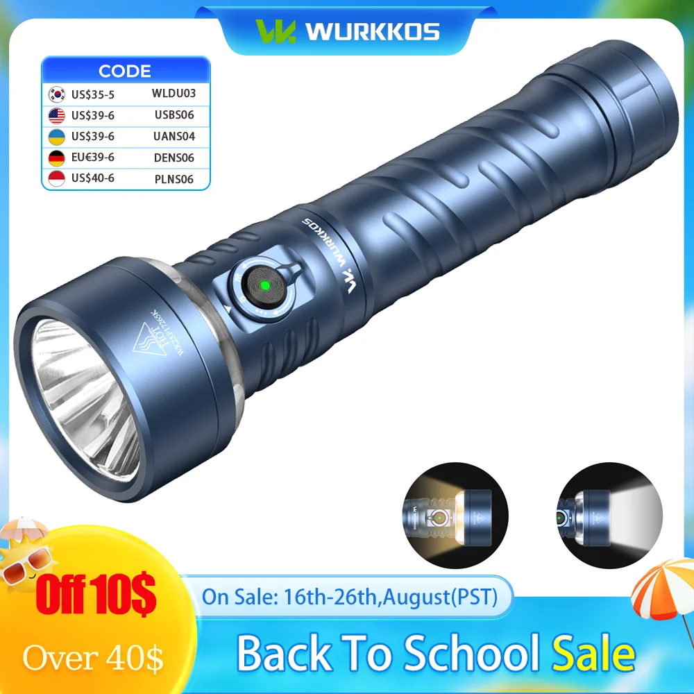 Lanterna Multifuncional Wurkkos TS27 3200LM, Tocha de Longo Alcance 845M com Luz RGB, Power Bank e Bateria 32140 para Camping e Pesca