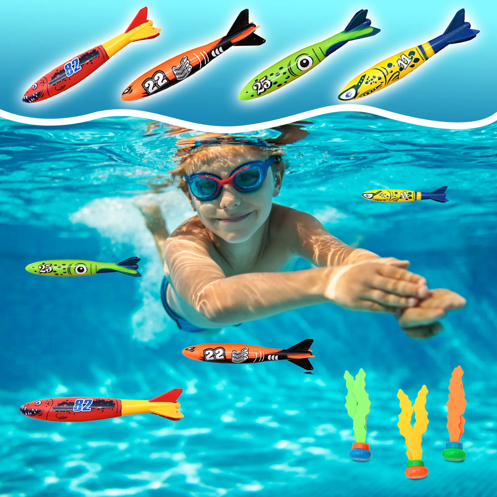 13/15/16/18/19pcs Kids Sports Pool Toys Ocean Plant Shape Diving Toys Diving Swimming Training Pool Kids Accessories