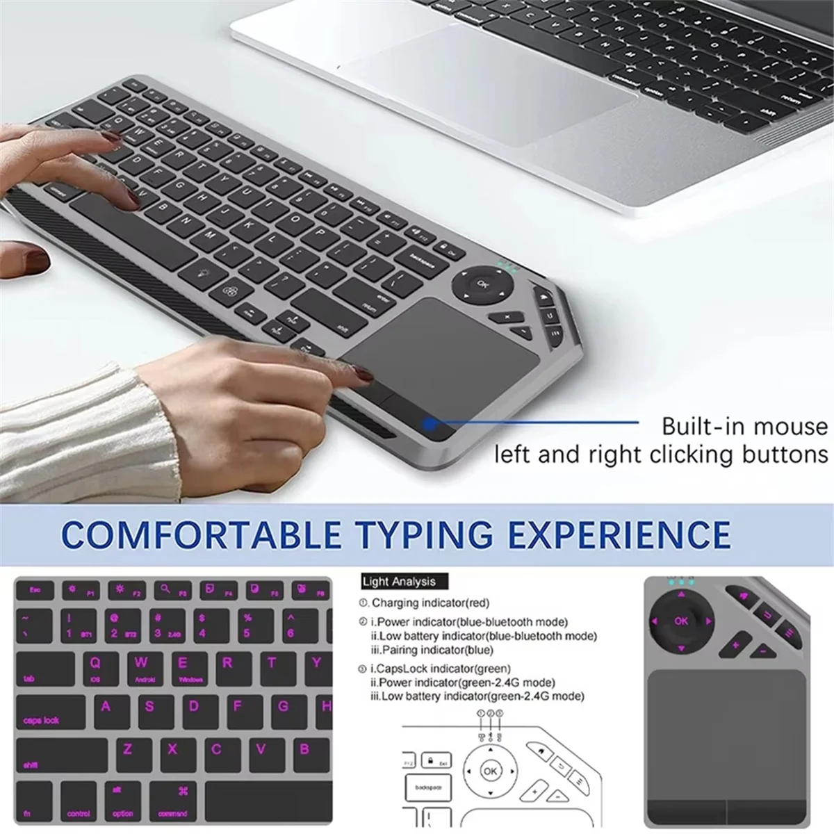 CMB-pBluetooth Wireless Keyboard with Touchpad 7-Colors Backlit 2.4G Rechargeable Trackpad Keyboard for Smart