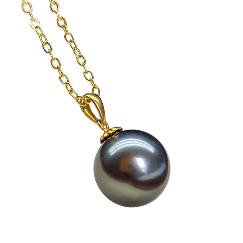 

CHARMING TAHITIAN GENUINE NATURAL BLACK ROUND PEARL PENDANT NECKLACE