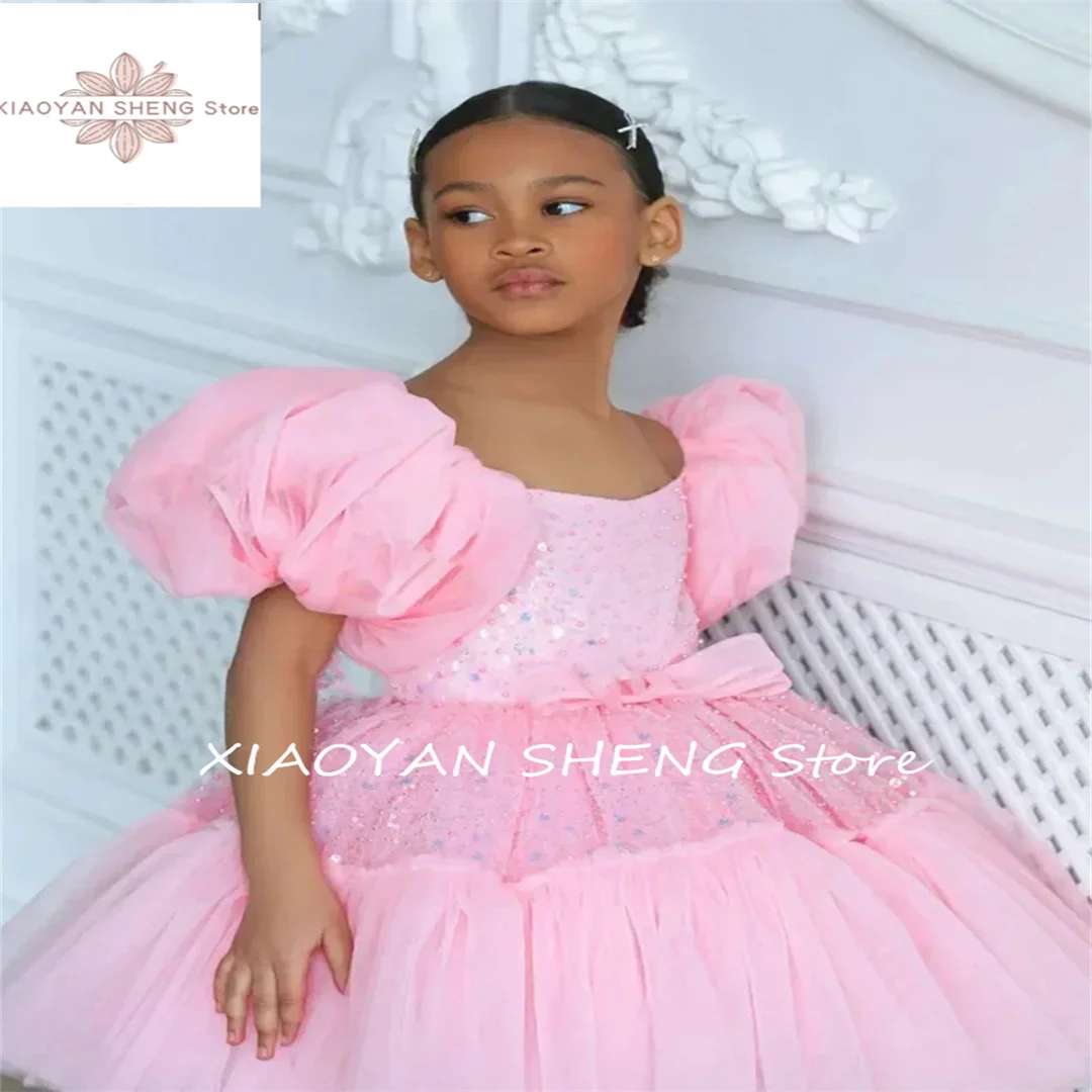 Rosa Tüll Blumen mädchen Kleid für Hochzeit Pailletten geschwollen mit Bogen kurze Ärmel niedlichen Baby Geburtstag Ballkleider Party kleid