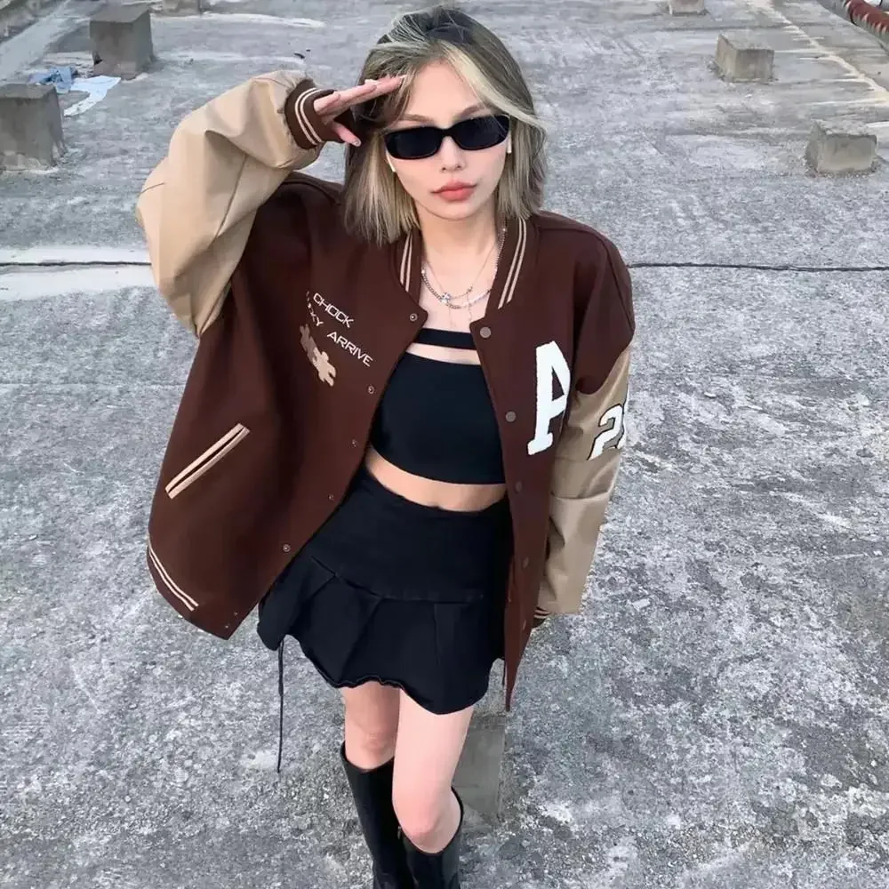 Retro Street Brown Letter Print Baseball Jacket Women\'s Autumn Loose Long-sleeved All-match Vintage Stitching Thin New Coat