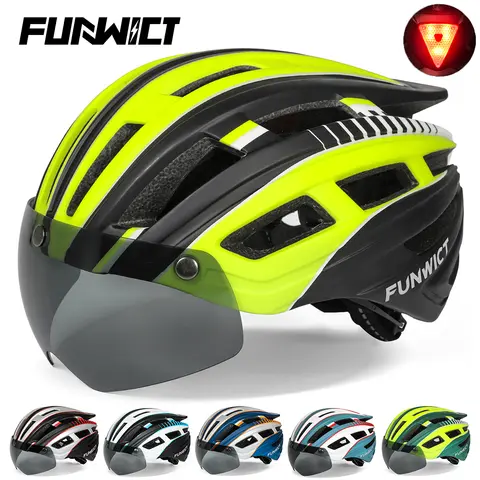 FUNWICT 남녀공용 MTB 자전거 헬멧, 고글 LED 후미등, 성인용 사이클링 안전 스쿠터, 산악 도로 자전거 헬멧