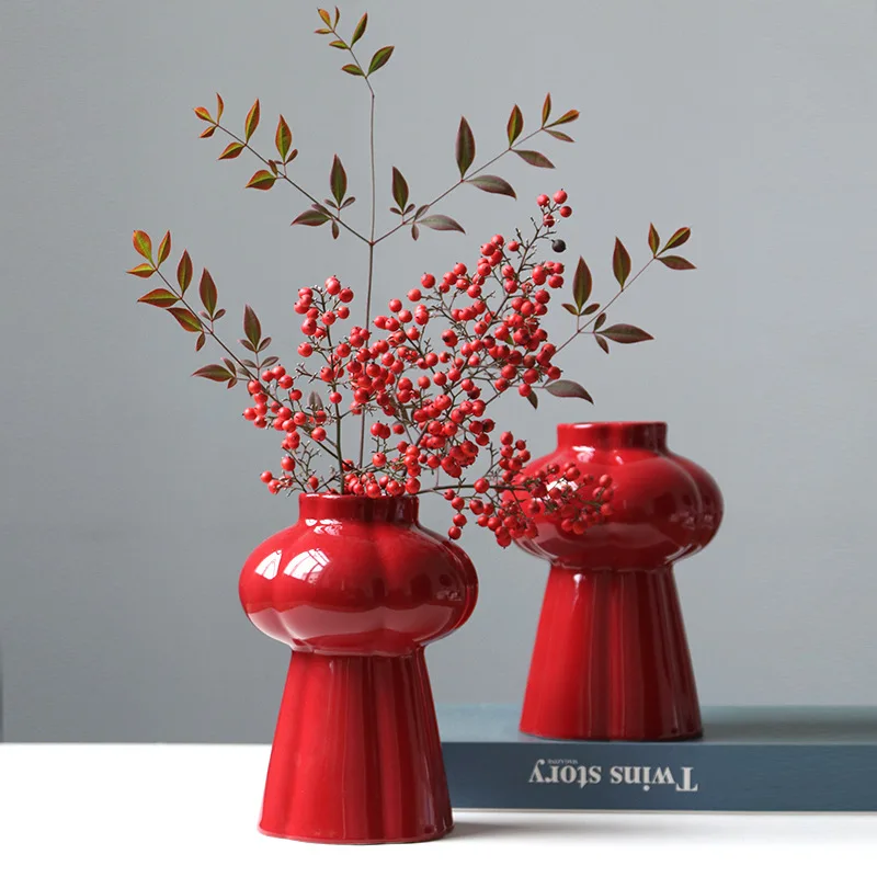1Pcs Red Ceramic Vase, Desktop Center Decorative Plant Flowerpot, Home Decoration
