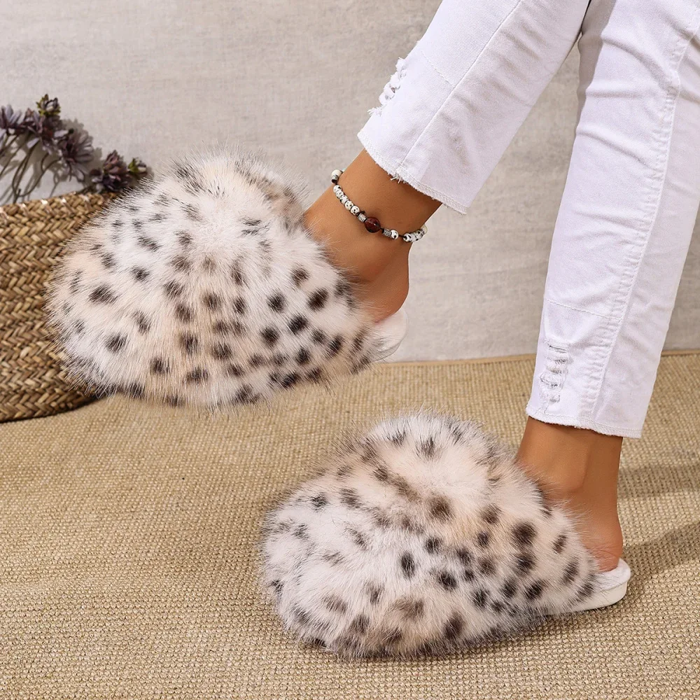 Damen Warme Hausschuhe Plüsch Leopardenfell Flauschige Pantoffeln Große Größen Geschlossene Zehenpartie Flache Sandalen Weiche Bequeme Schuhe für Frauen – Detail 22