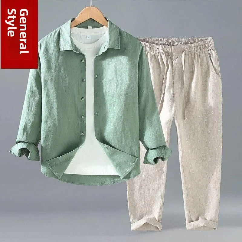 Summer Cotton Linen Shirt Pants Set Long Sleeve Turn-down Collar Short Sleeve Long Pants Set Casual Sportswear for Young Men