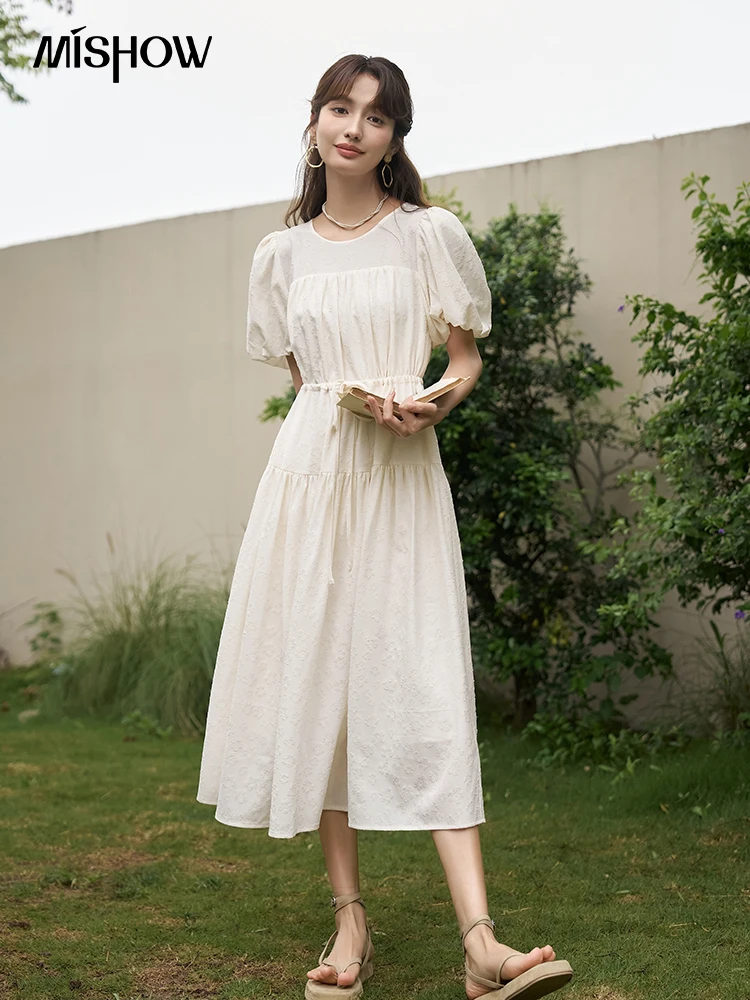 MISHOW French Draw String Waist Dress 2023 Summer Short Sleeve A-LINE Puff Sleeve O-Neck Pullover Elegant Solid Dress MXC38L1415