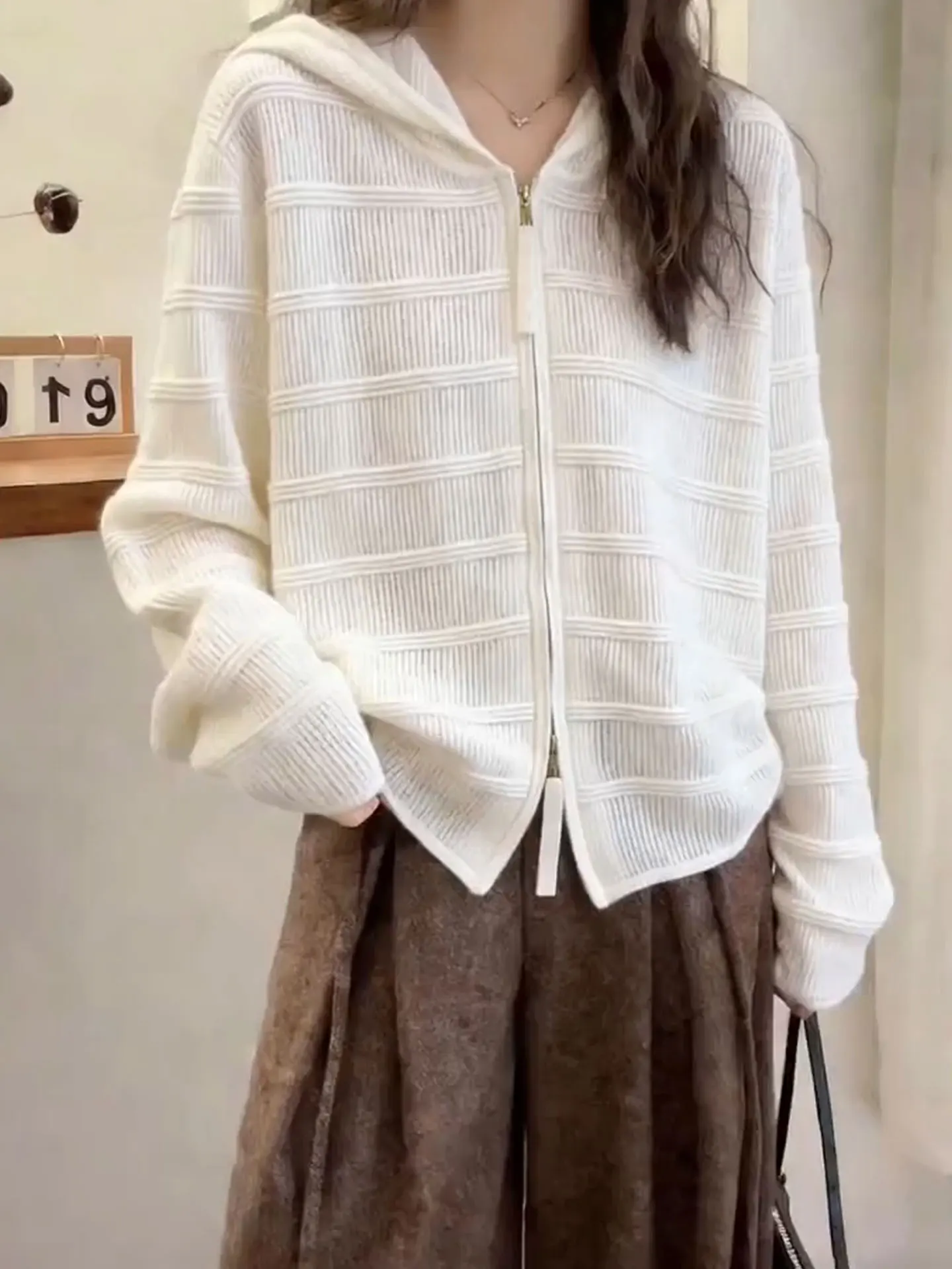 

Женский вязаный свитер Ele с двойной молнией и капюшоном, свободный крой, весенняя верхняя одежда, комфортный, средней мягкости