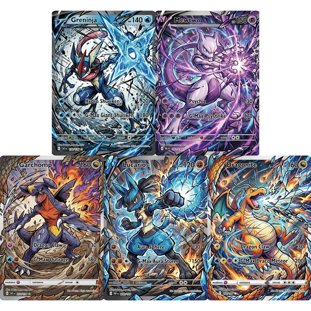 5-cartas-pokemon-estilo-ataque-e-impacto-mewtwo-greninja-lucario-dragonite-garchomp-cartas-holo-ptcg-colecionaveis-presente-pokemon
