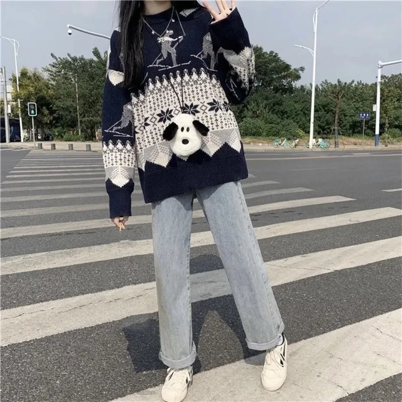 

2024 Female Round Neck Jumper Knitwear Tops Autumn Winter Ladies Long Sleeves Knitting Retro Style Women Loose Pullover Knitted