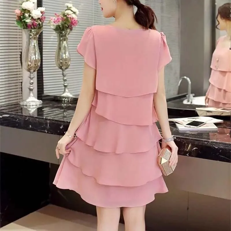 Dress Women Summer Wave Cut Sweet Solid Short Sleeve Slim Casual Clothing Lady All-match Vestido Trendy Simple O-Neck  New