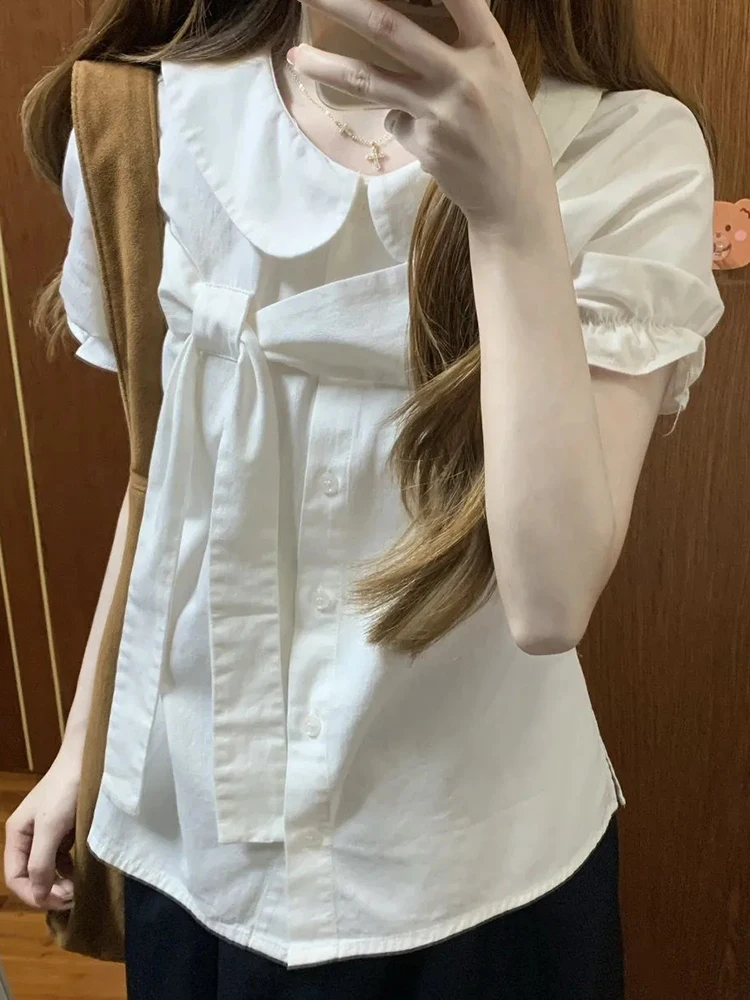

Kawaii Bow White Shirt Women Summer Short Sleeve Sweet Cute Blouse Fashion Slim Preppy Style Peter Pan Collar Female Chic Tops