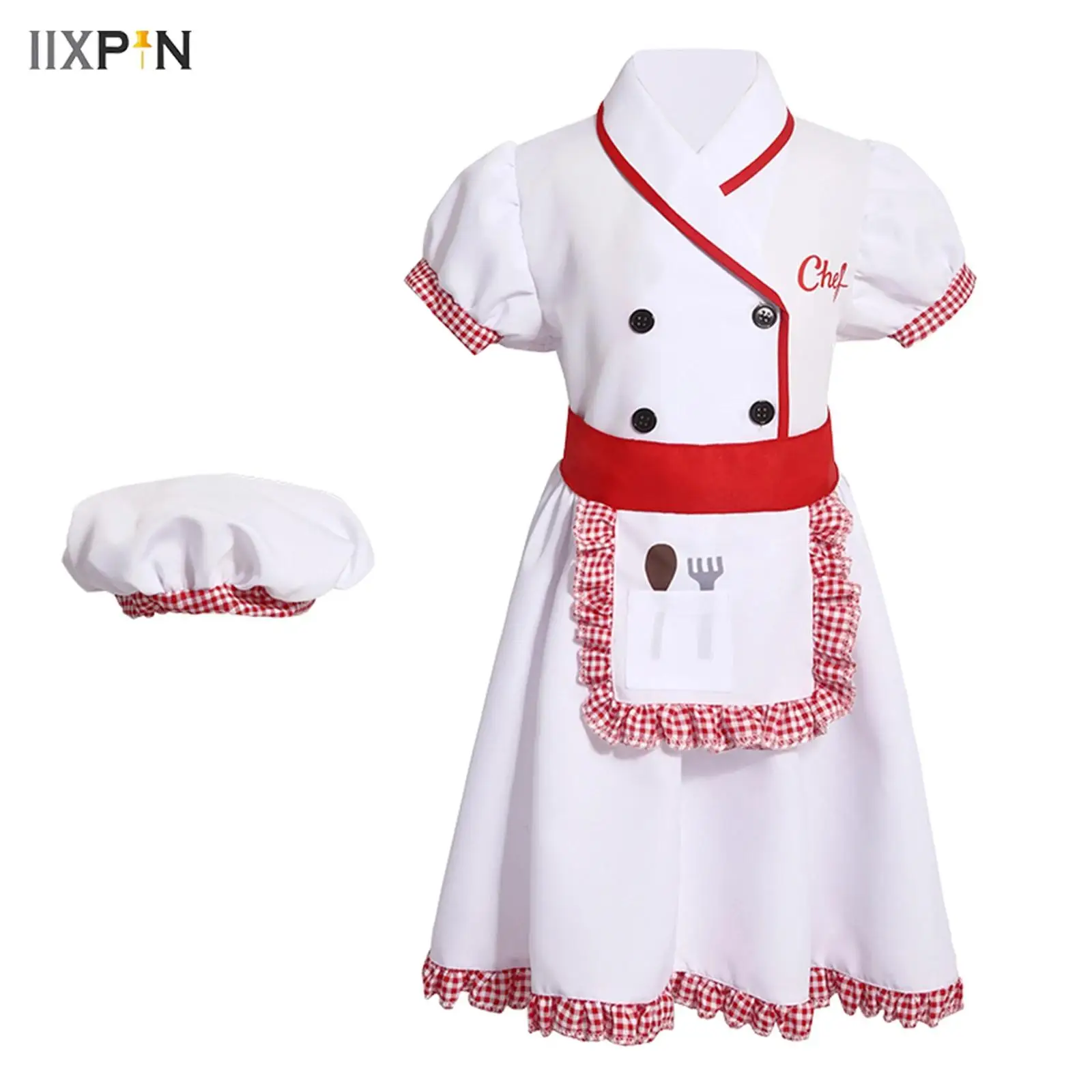 

3Pcs Girls Boys Kitchen Uniform Outfit Halloween Party Cosplay Costume Chef Hat+Dress+Apron+Scarf Set for Play House Performance