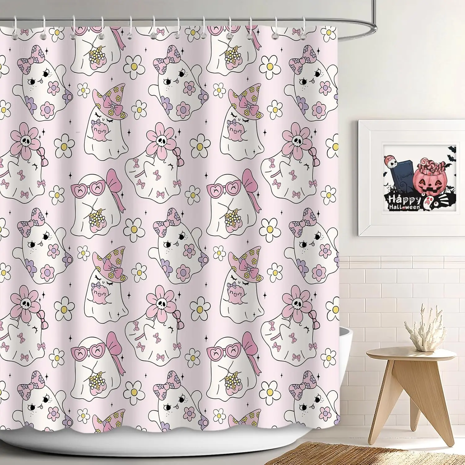 

Halloween Ghost Shower Curtain for Bathroom, Halloween Pink Cute Cartoon Groovy Daisy Flowers Shower Curtain, Bowknot Ghost