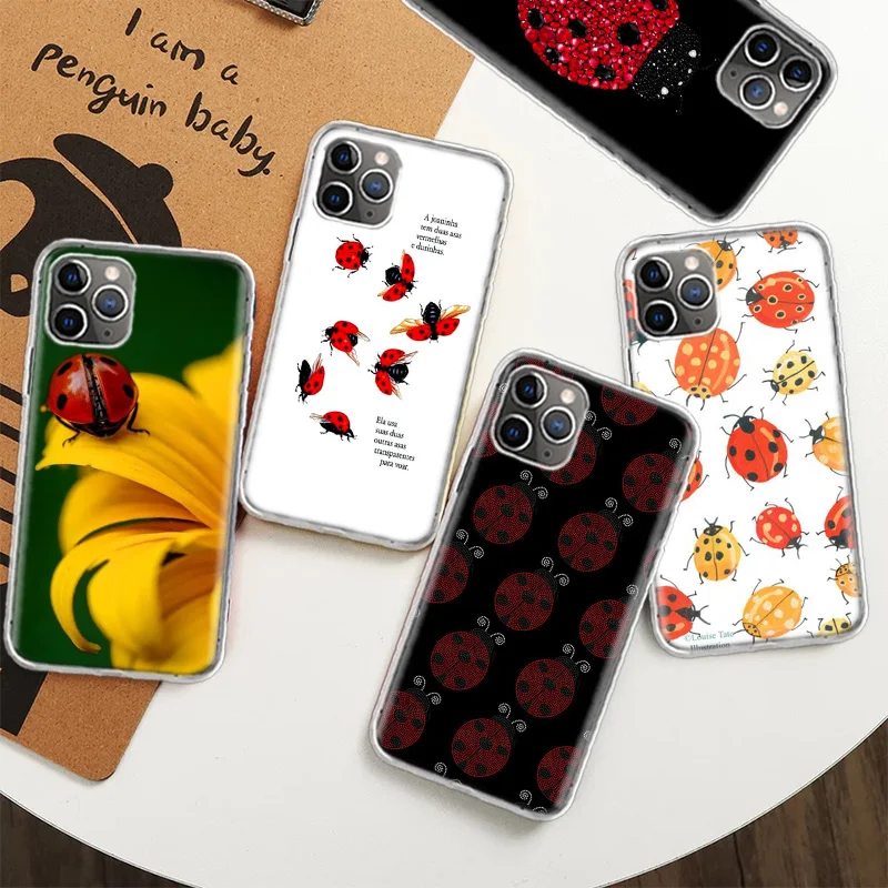 Insect Seven-star ladybug Painted Colourful Case for iPhone 12 13 Mini 14 Plus 15 16 Pro Max 11 X XS Max Clear TPU Prot