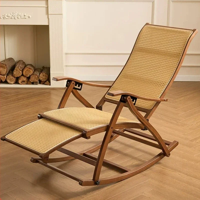 Adult Rattan Rocking Chair with High Back for Sleeping Bamboo Reclining Lounge Seat Relaxing Armchair Foldable Home Furniture