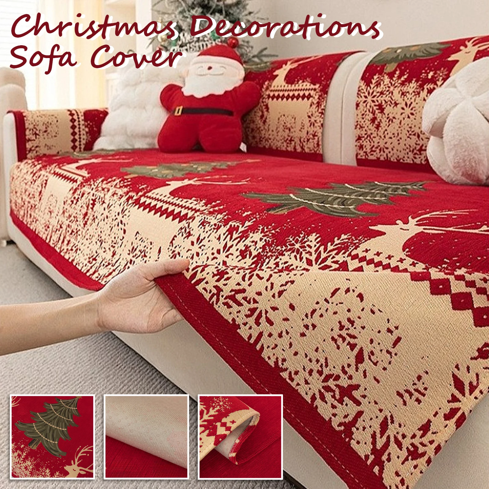 

Universal Chenille Christmas Sofa Mat Cover Christmas Tree Deer Pattern Sofa Covers Anti-Slip Fully Covered Sofa Covers Fabric