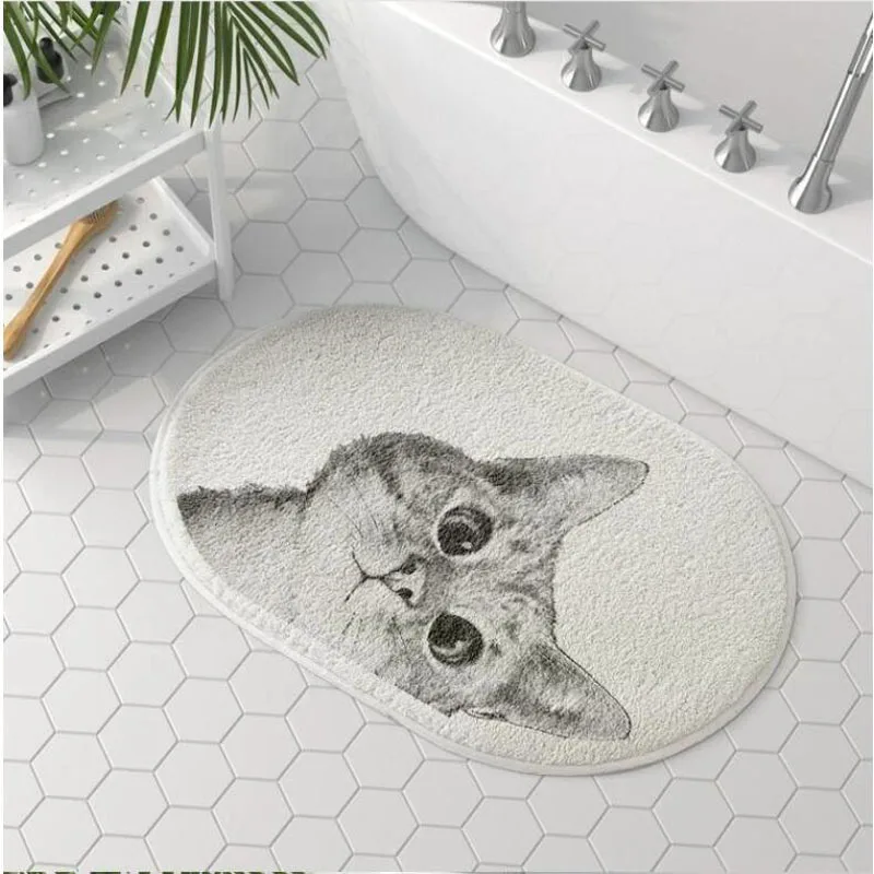 Nordic Oval Bathtub Doormat Cartoon Cat Print Bathroom Carpet Water Absorbent Bath Mat Anti Slip Bedroom Rug Soft Plush Foot Pad